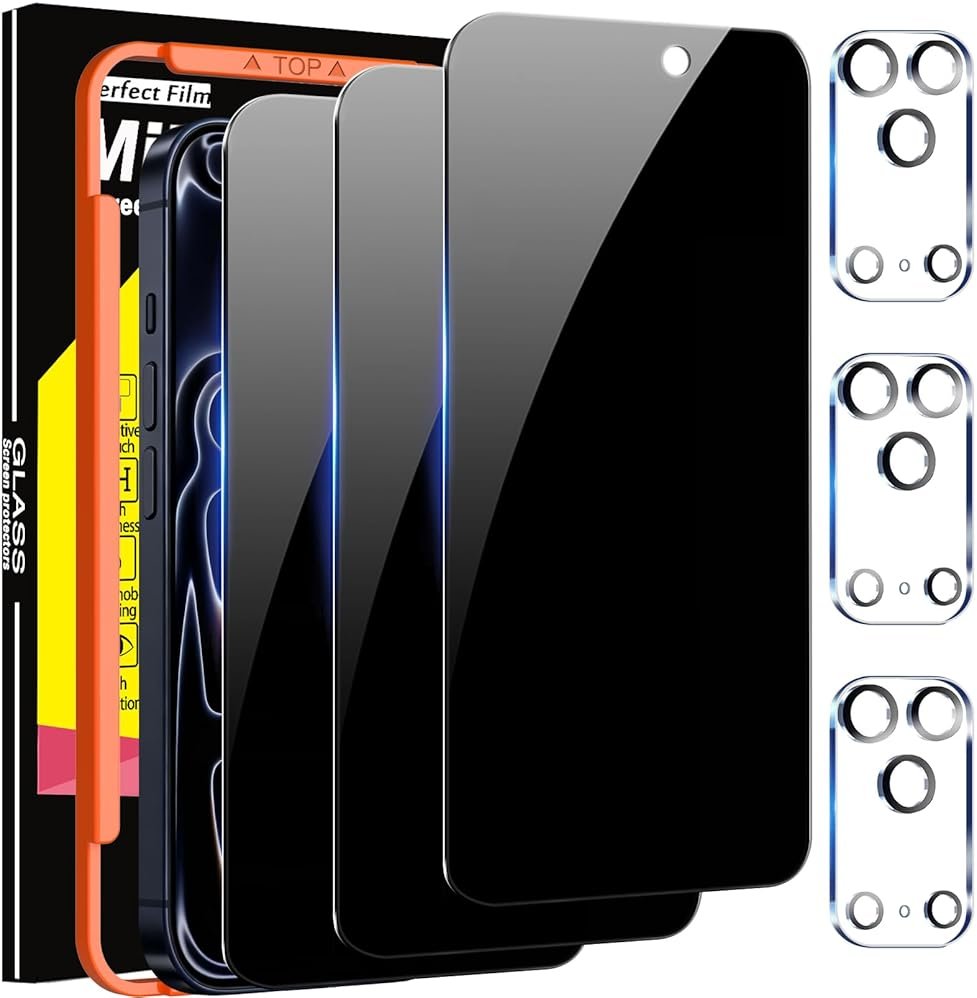 Milomdoi 3 Pack Privacy Screen Protector for iPhone 17 Pro Max [Phone Case Friendly] Accessories Private Film, 3 Pacs Tempered Glass Camera Lens Protector, with Mounting Frame for Apple Anti Spy,Black - Product Image