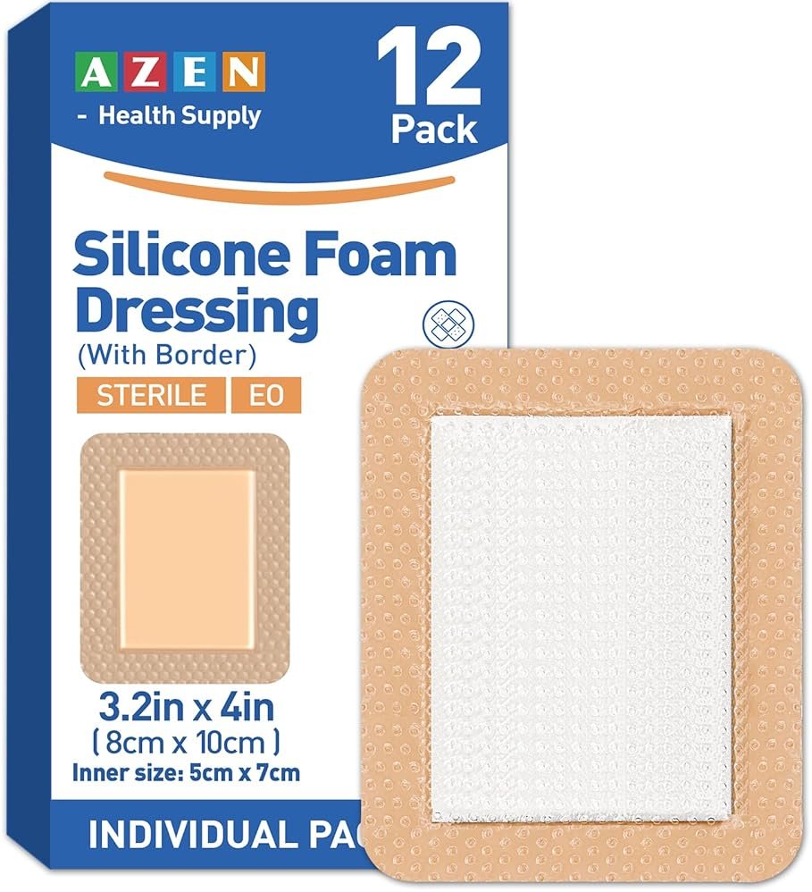 AZEN 12 Pack Silicone Foam Dressing, 3.2" X 4" Waterproof Silicone Bandages with Border Adhesive, Large Bandages for Wounds, Self Adhesive Wound Care and Dressings - Product Image