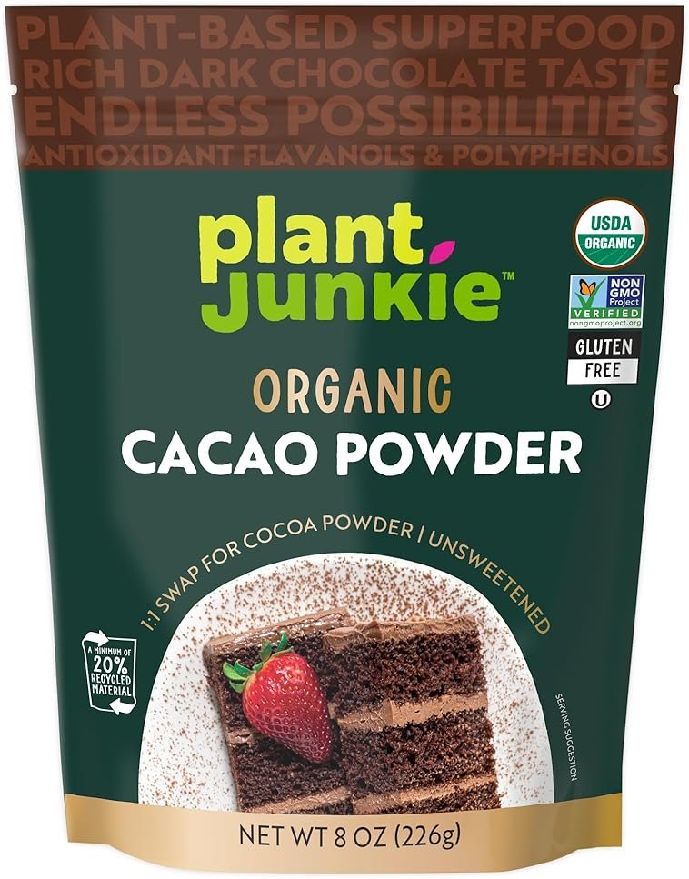 Plant Junkie Organic Cacao Powder, 8 oz - Unsweetened, Rich Dark Chocolate Taste, Certified Non GMO, Gluten Free, Kosher - Product Image