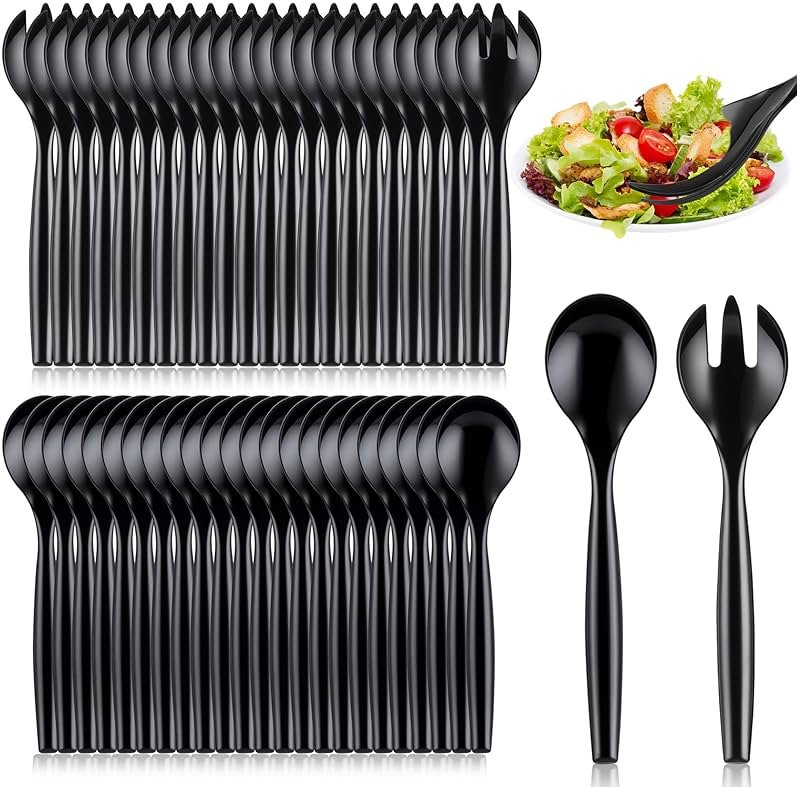 Mwellewm 32Pcs Serving Spoons 10'' Large Plastic Serving Utensils Set Slotted Disposable Serving Forks Heavy Duty Black Party Supplies for Buffet Restaurant Dinner Salad Noodles Soup - Product Image