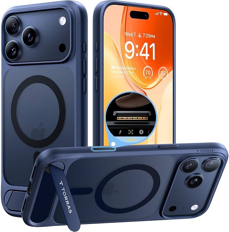 TORRAS Strong Magnetic & Seamless Stand for iPhone 17 Pro Max Case, Fit for MagSafe, Military Grade Drop Protection, Invisible Adjustable Kickstand, Camera Control Button, Translucent Matte Deep Blue - Product Image