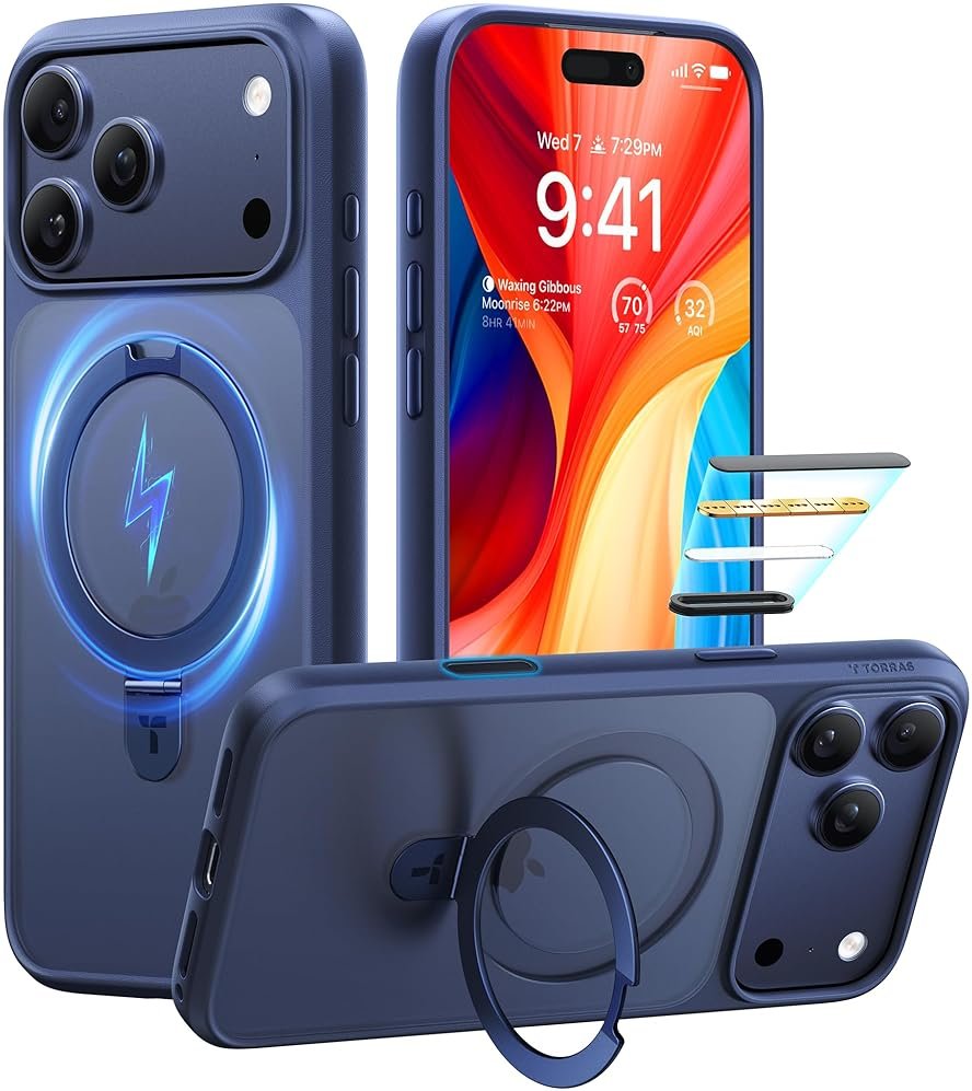 TORRAS Ostand for iPhone 17 Pro Max Case, [Military Grade Protection] [Fit for MagSafe] [Built in Kickstand] [Camera Control Button] Translucent Magnetic Slim Back Soft Edge, Deep Blue - Product Image
