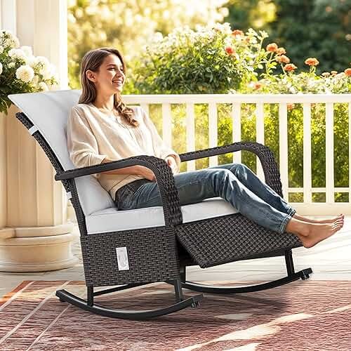 YITAHOME Outdoor Rocking Chair, Wicker Lounge Chair with Adjustment Backrest, PE Rattan Patio Recliner with Adjustable Footrest and Soft Cushions, Ideal for Garden Backyard Porch Patio - Product Image