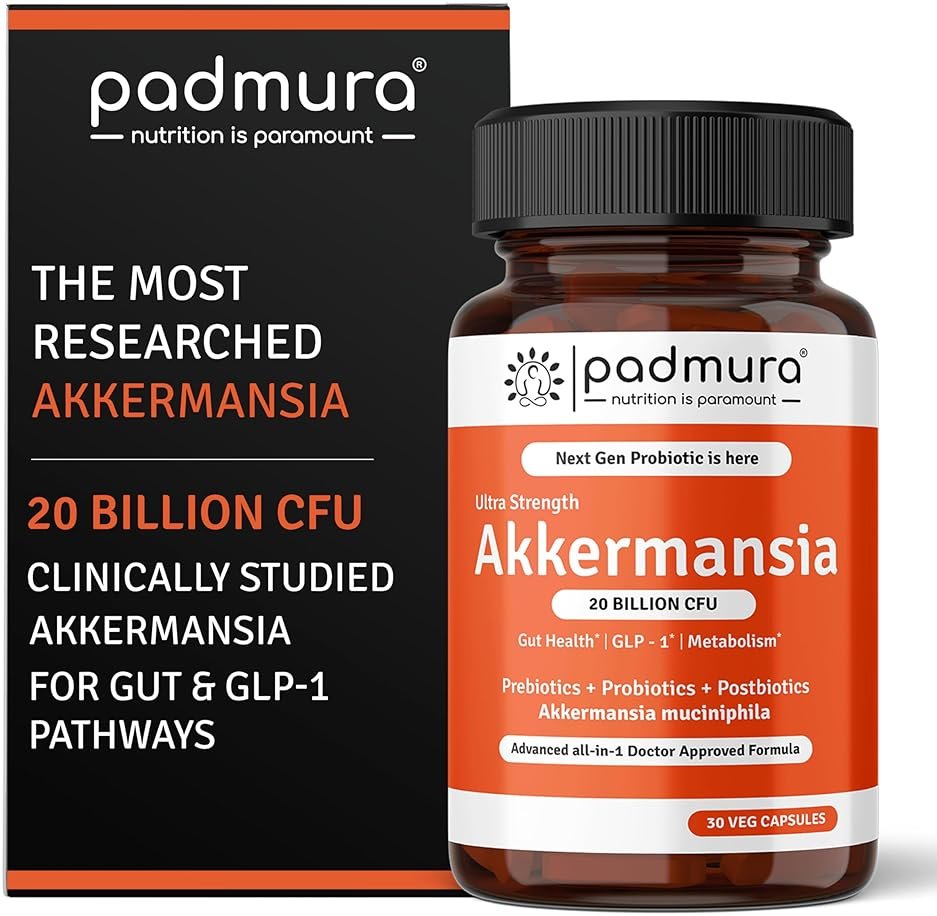 PADMURA Akkermansia Muciniphila Probiotic Supplement - 20 Billion CFU | 30 Veg Capsules | Prebiotic + Probiotic + Postbiotic Blend | Increases GLP-1 Production | Supports Digestion & Gut Health - Product Image