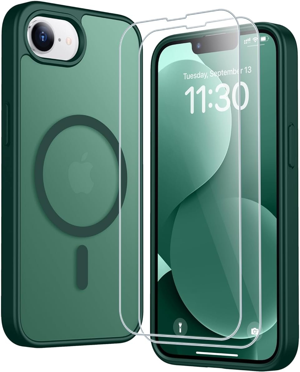 SPIDERCASE for iPhone 16e Case for iPhone 17e Case, Magnetic Translucent Matte Case with 2PCS Tempered Glass Screen Protector Slim Phone Case for iPhone 16E/17E 6.1'',Forest Green - Product Image