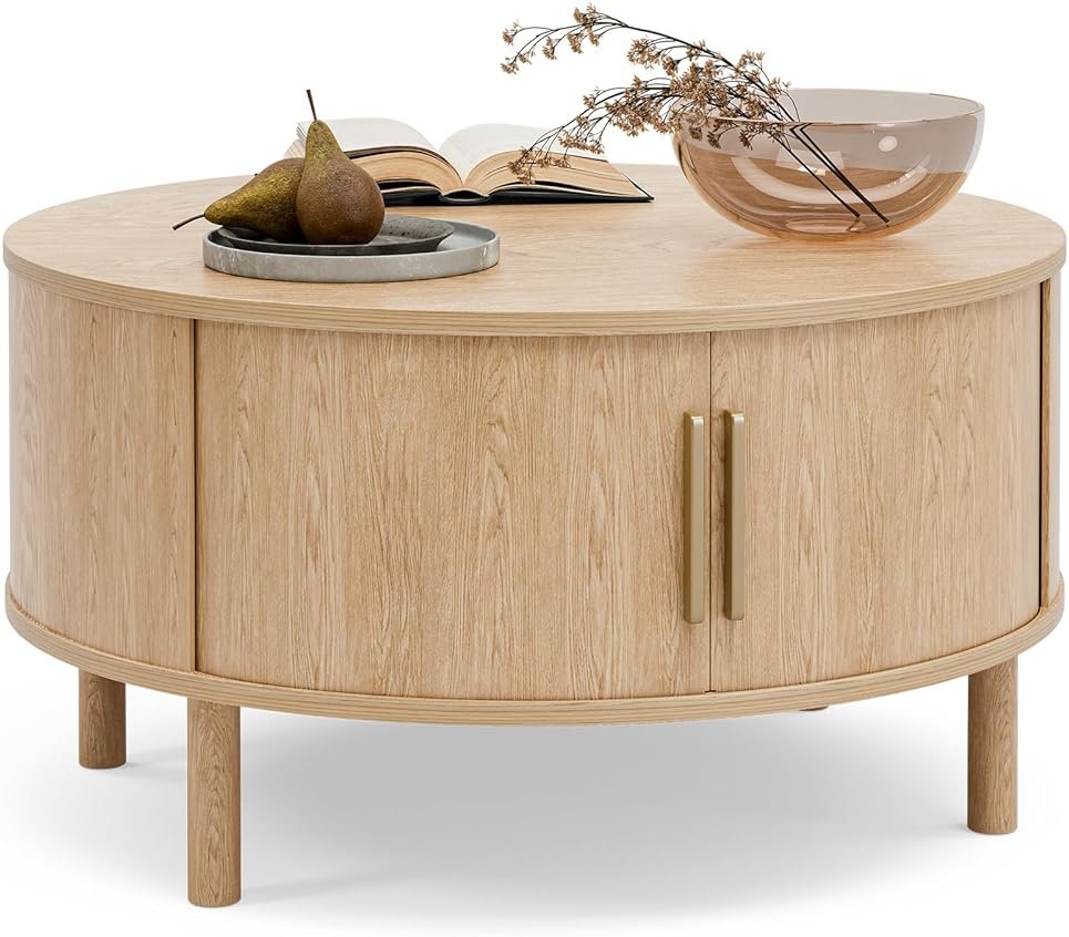 ZttRiee Coffee Table for Living Room, Modern Round Coffee Table with Cabinets & Sliding Doors, Home Small Space, 29.9" Fluted Center Table, Natual - Product Image
