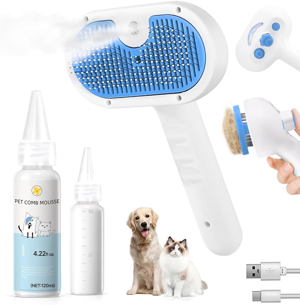 Pet Steam Brush for Dog & Cat - 3-in-1 Steam Grooming Brush for Shedding & Hair Removal - Self Cleaning Spray Comb with Mist for Long Haired Pets - Includes 1*Waterless Shampoo, Blue. - Product Image