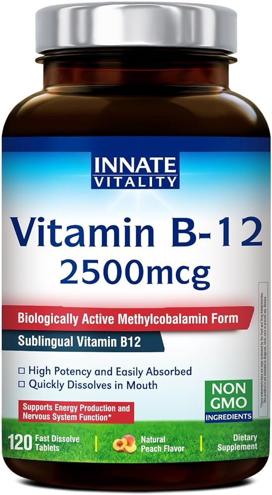 Innate Vitality Vitamin B12 2500mcg, Sublingual Methylcobalamin, Extra Strength for Energy Metabolism, Mental Clarity, Nervous System Health, Peach Flavor, Zero Sugar, 120 Fast Dissolve Tablets - Product Image