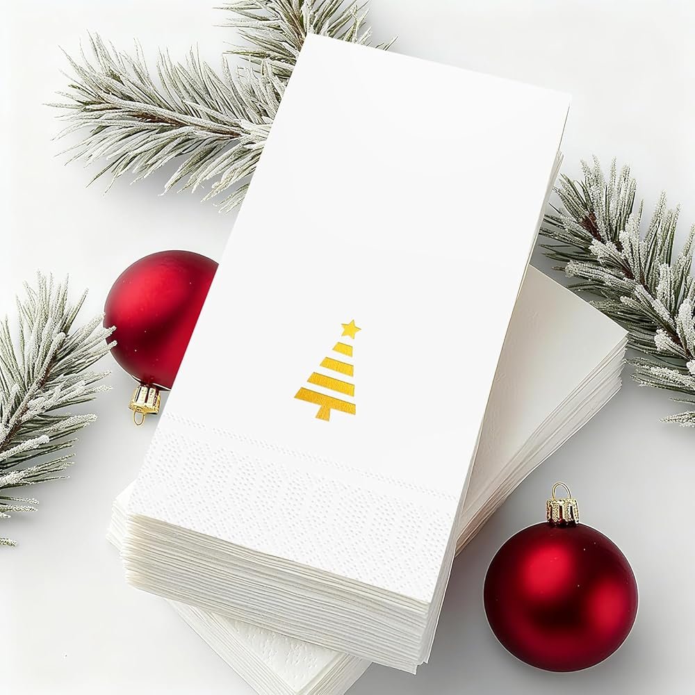 Tbsone Christmas Paper Napkins Disposable: Guest Dinner Hand Towels, Gold Foil Christmas Trees Design for Table Decor, Bathroom, Home, Kitchen, Holiday Cocktail Party (50 Pack) - Product Image