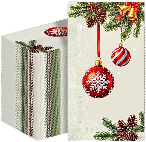 Tbsone Christmas Paper Napkins Disposable: Guest Dinner Hand Towels, Xmas Balls Design for Table Decor, Bathroom, Home, Kitchen, Holiday Cocktail Party (Christmas Classic) - Product Image
