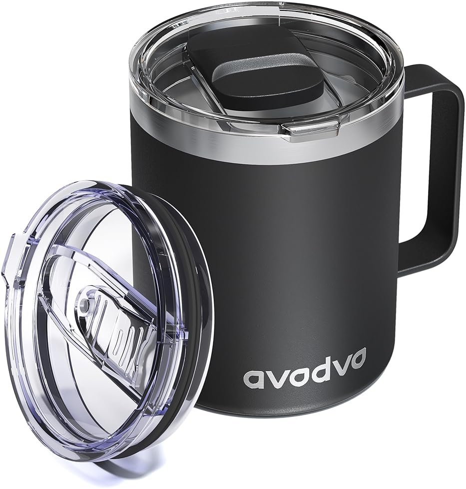 avodvo 12oz Insulated Coffee Mug with Lid – Includes Two Lids, Stainless Steel Coffee Travel Mug with Handle, Double Wall Vacuum Insulated Camping Mug for Home, Office & Outdoor, Black - Product Image