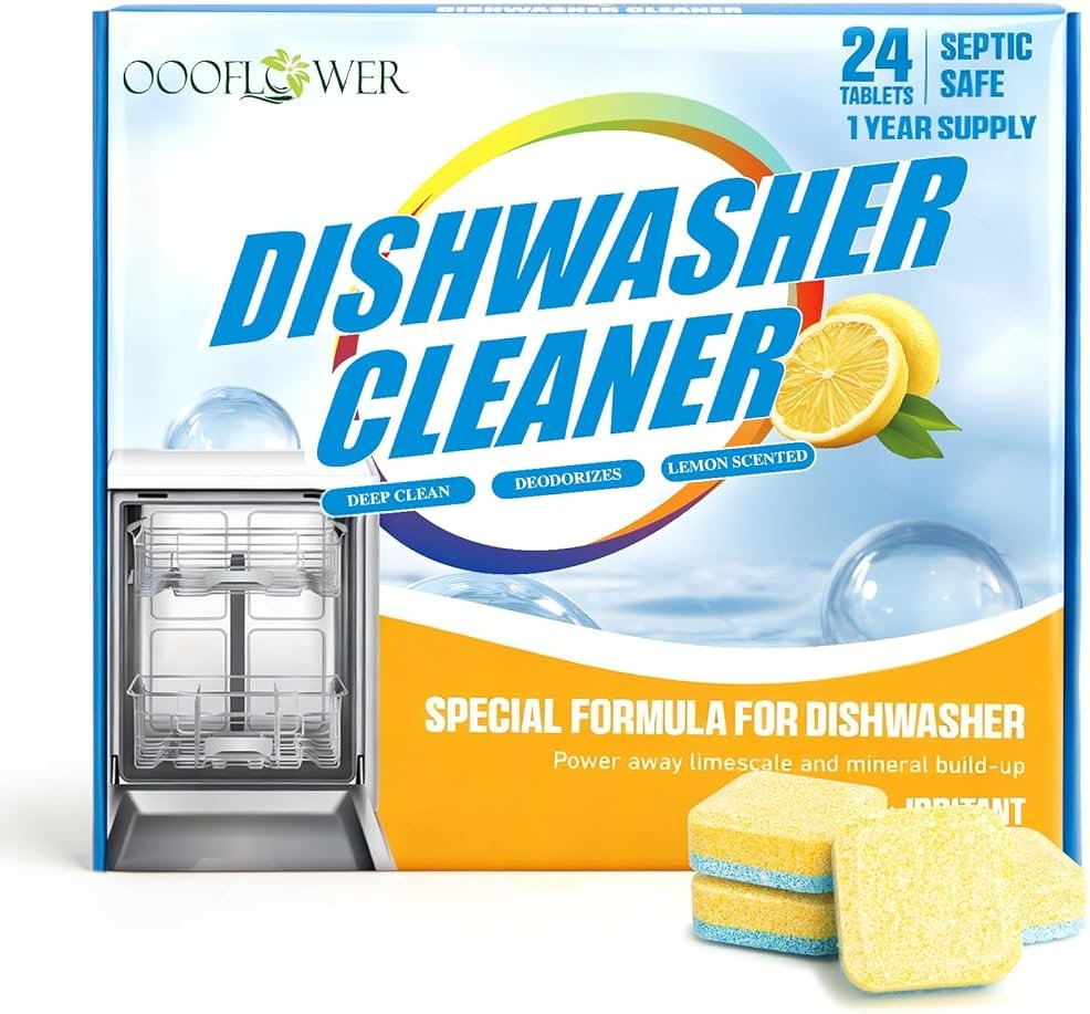 OOOFLOWER 24-count Dishwasher Cleaner Tablets, Deep Cleaning and Descaling Formula, Removes Odors, Scale, and Hard Water Residue, Maintains Dishwashers, Septic Tank Safe (Lemon Scent) - Product Image