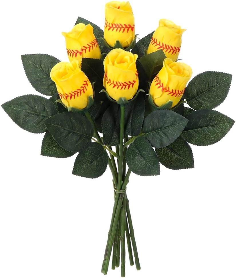 Hotop 6 Pcs Softball Roses with Leaves Artificial Yellow Rose Bouquet for Softball Team Senior Fans Coach Gift Sports Theme Graduation Wedding Party Decoration - Product Image