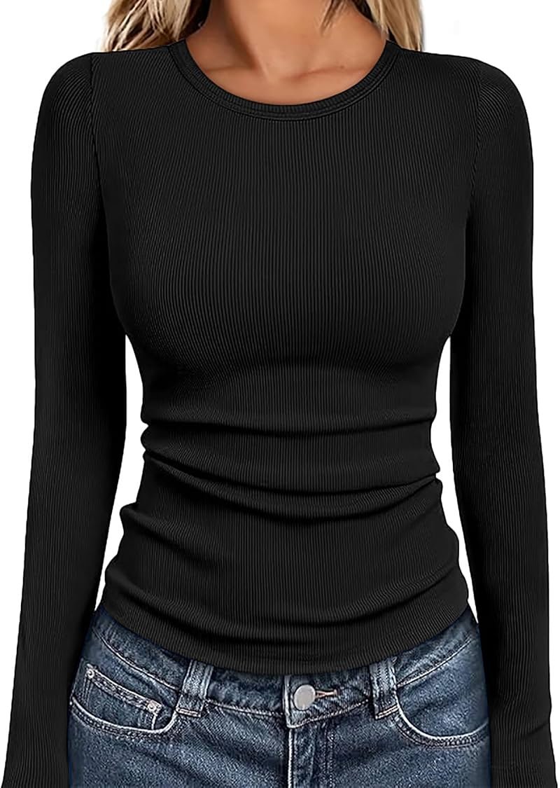 WIHOLL Long Sleeve Shirts for Women Fall Fashion Thermal Shirts Rib Knit Winter Clothing Warm Undershirts Basic T-Shirts - Product Image