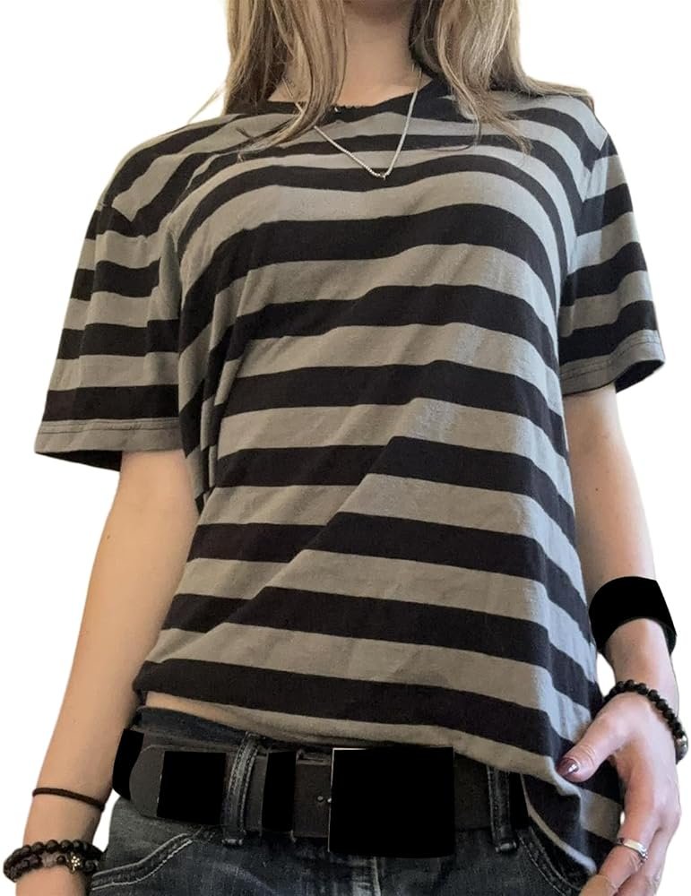 Y2k Women Striped Crop Tops Long Sleeve Loose Fit Fairy Grunge Tees T-Shirt Color Block Casual Fall Going Out - Product Image