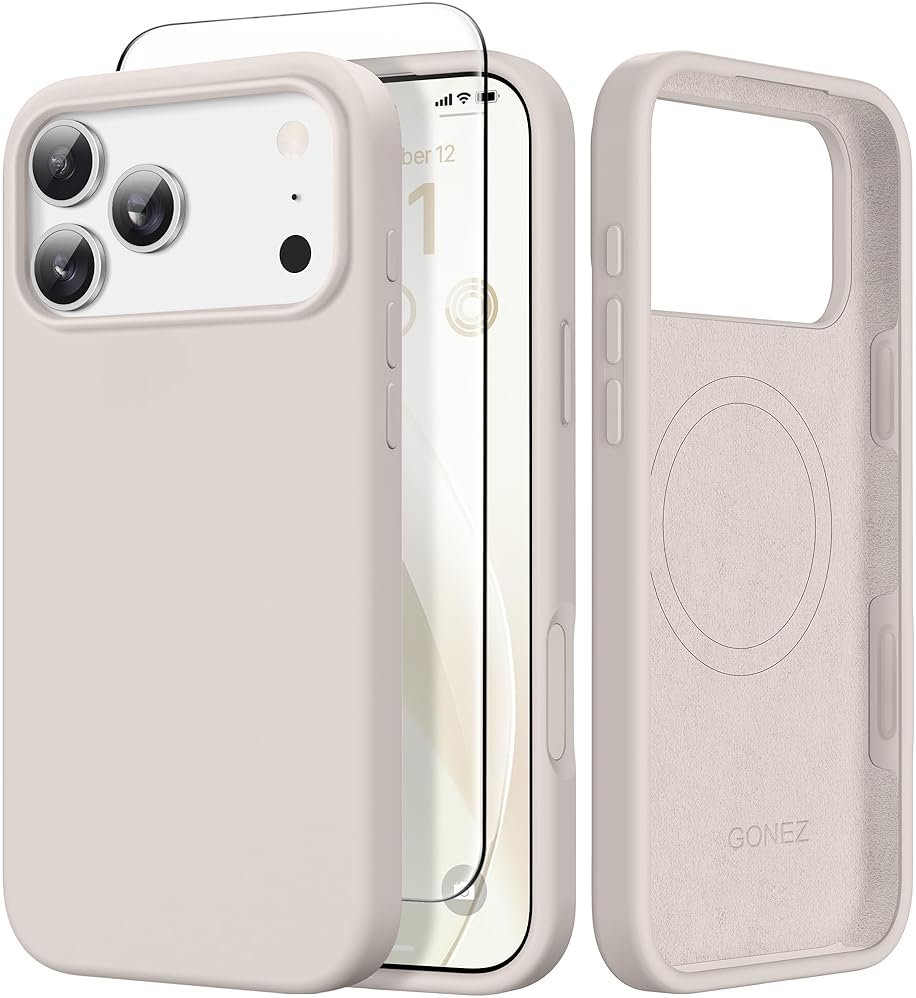 GONEZ Magnetic for iPhone 17 Pro Max Case, [Compatible with MagSafe] Anti-Scratch Microfiber Lining & Screen Protector, Silicone Camera Control, Shockproof Slim Phone Cover 6.9 inch, Stone - Product Image