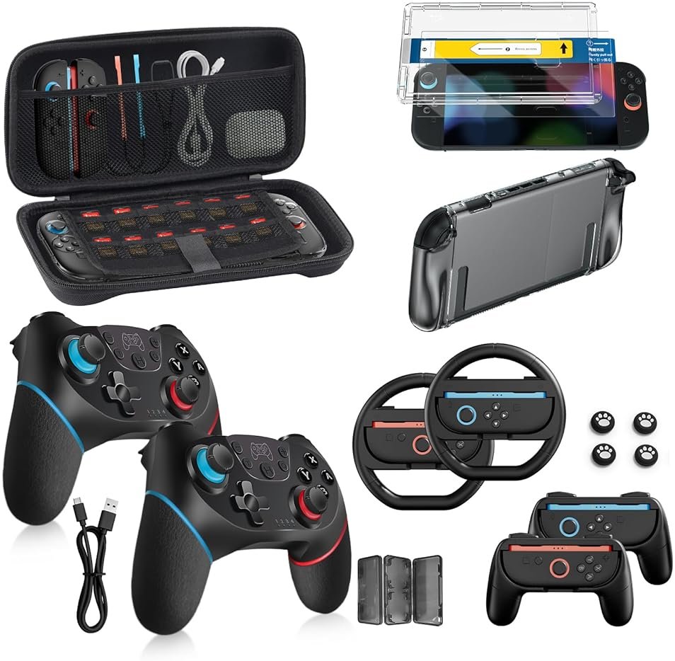 Pro Controllers Accessories Bundle for Nintendo Switch 2 18-in-1: Carrying Case, Screen Protector, Thumb Grip for Joycon, Dockable Console Protective Cover Shell, Steering Wheel, 2025 Switch2 Game Kit - Product Image
