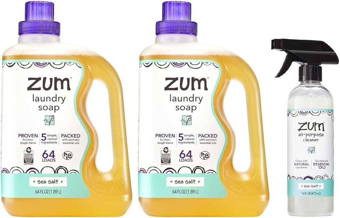 Zum by Indigo Wild Laundry & Home Cleaning Bundle – Sea Salt – Plant-Based Liquid Laundry Soap (64 fl oz, 2 Pack) + Natural All-Purpose Surface Cleaner (16 fl oz) - Product Image
