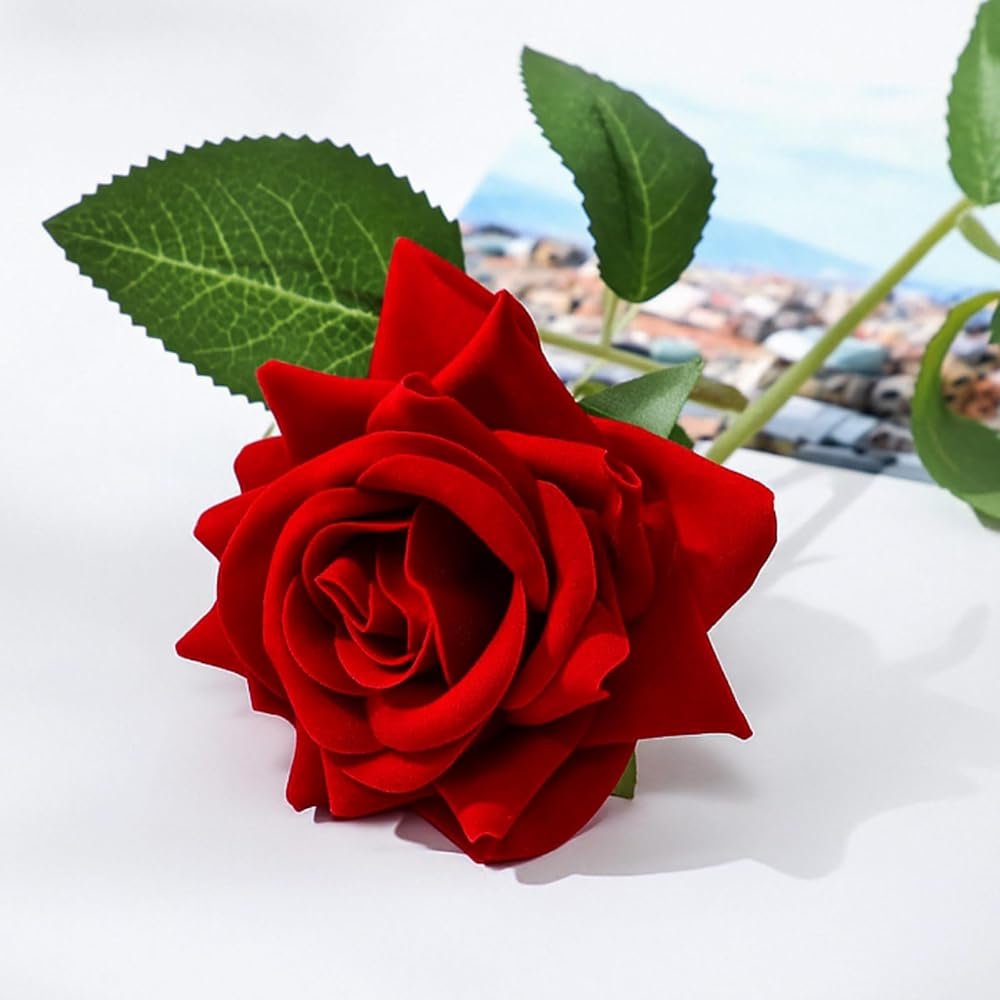 Suncalla Velvet Artificial Flowers Rose, Single Rose Real to Touch Fake Silk 3.15” Flower Head with Long Stem for Women Wedding Mother Valentine Gift Home Decor Anniversary(Red) - Product Image