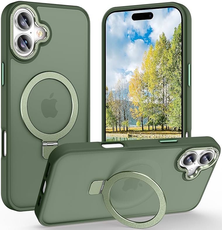 Lufanbis Magnetic for iPhone 17 Case with Ring Stand, [10 FT Drop Protection] [Velvety Touch] Slim Translucent Matte Back Shockproof Phone Case for iPhone 17 6.3'', Midnight Green - Product Image