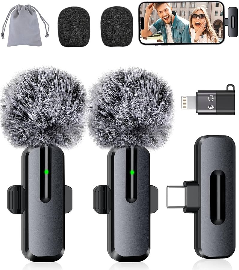 Wireless Mini Microphone for iPhone, Android - 2 Pack Lavalier Microphone for Video Recording, 2 In 1 Noise Reduction Lapel Mic for Ipad, Clip-on Mini Mic with USB-C for Content Creators Podcast - Product Image