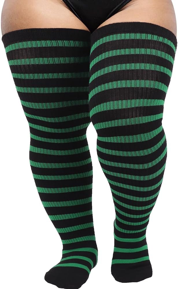 AQOKKA Plus Size Thigh High Socks for Women Cotton Boot Femboy Thigh High Stockings Striped Over Knee High Socks Leg Warmers - Product Image