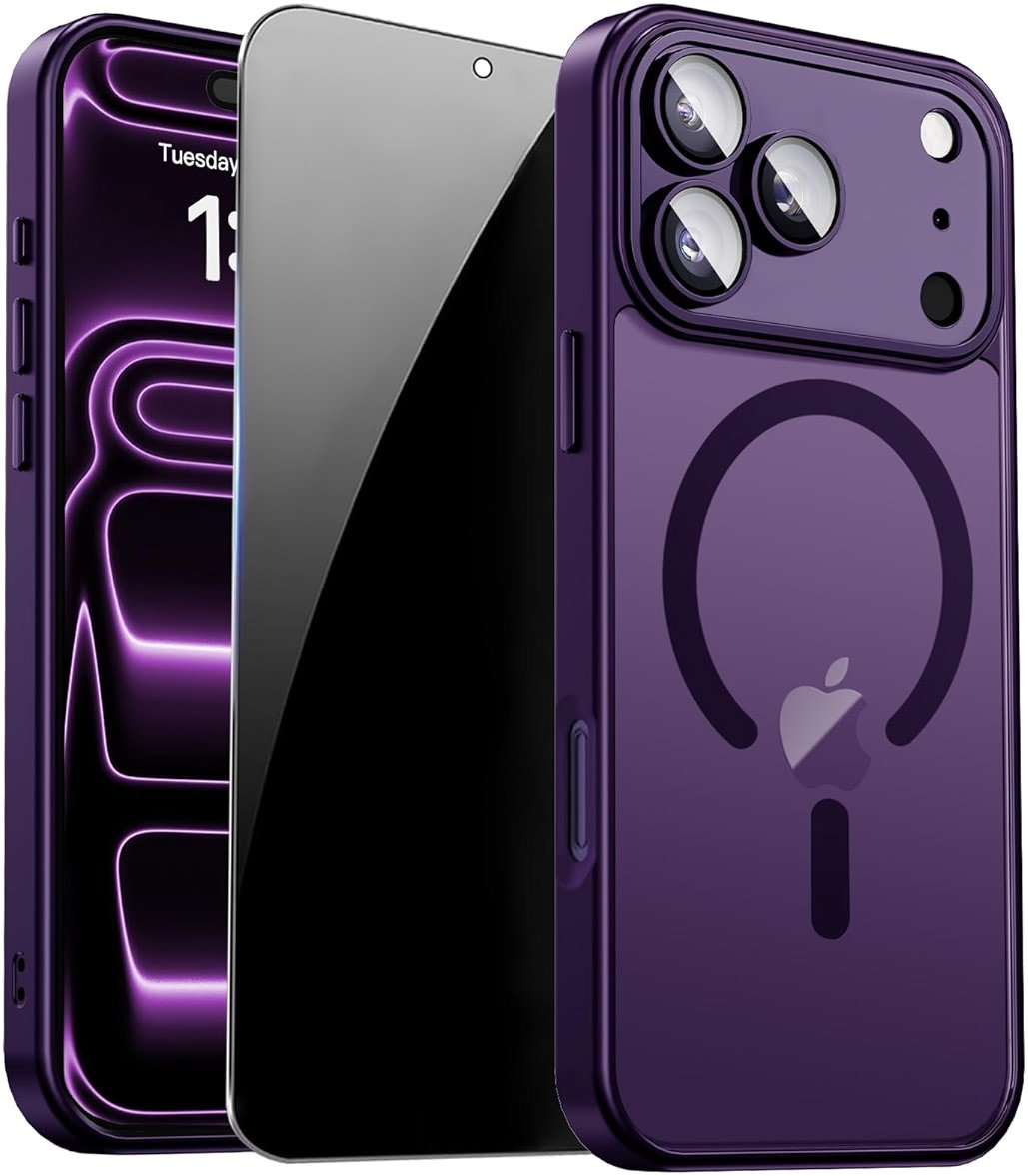 ZOZDOKG Magnetic for iPhone 17 Pro Max Case with Privacy Screen Protector & Camera Protection, Compatible with MagSafe Matte Shockproof Phone Case for iPhone 17 ProMax Women Girls, Purple - Product Image
