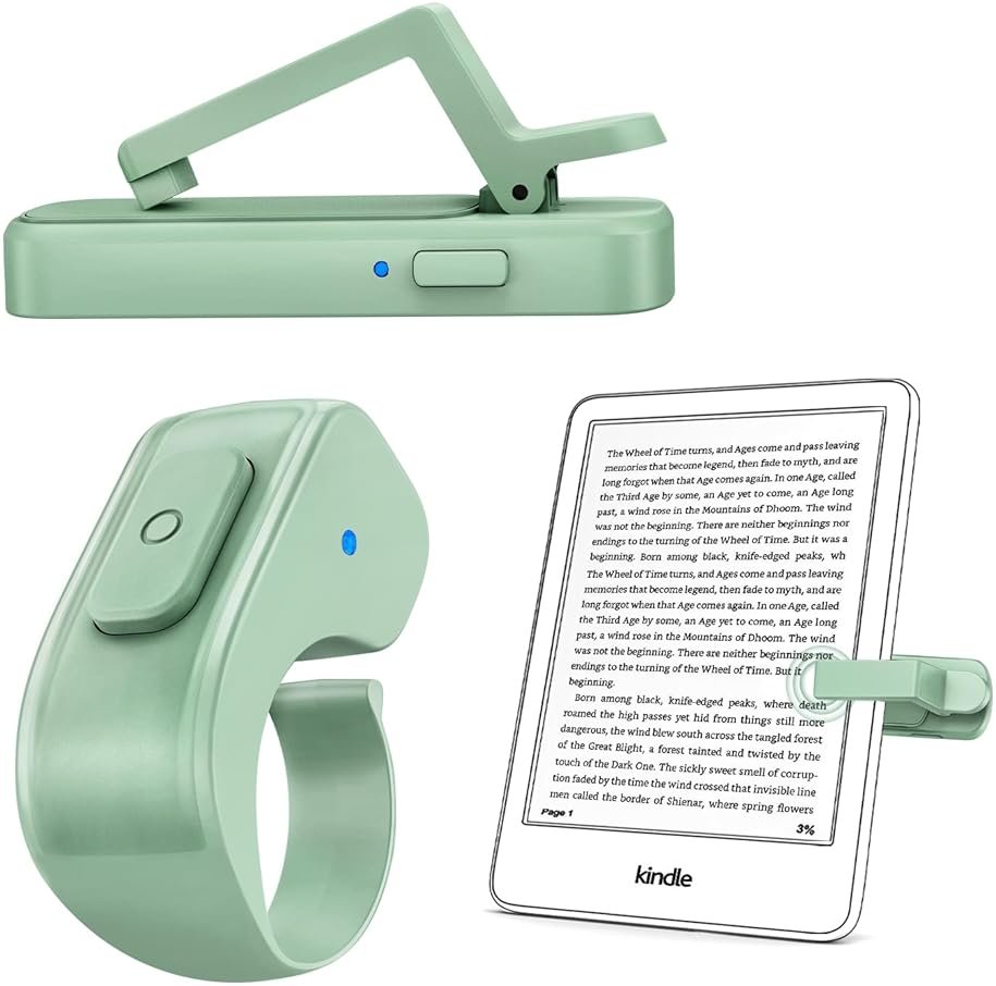 [Case-Friendly] Remote Control Page Turner Ring for Kindle Paperwhite Oasis Scribe Kobo eReaders, Camera Camcorder Remote Controls, Page Turner Clicker for iPhone ipad Tablets with Storage Bag Green - Product Image
