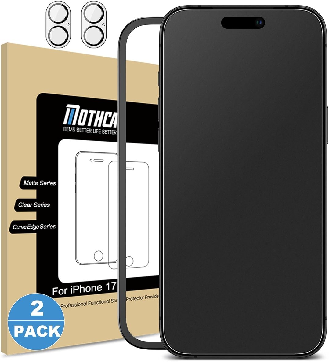 Mothca 2 Pack Matte Glass Screen Protector for iPhone 17 [6.3 inch] + 2 Pack Camera Lens Protector, Anti-Glare & Anti-Fingerprint Case Friendly Tempered Glass, Bubble Free, Smooth as Silk - Product Image