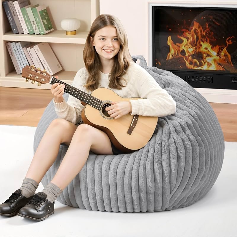 Homguava 2FT Bean Bag Chair, 2' Small Bean Bags with Memory Foam Filled, Beanbag Chairs with Machine Washable Cover Dutch Corded Plush Cover for Classroom,Living Room,Bedroom-Light Grey - Product Image