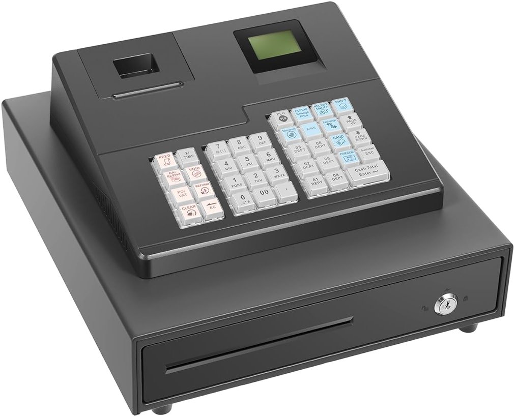 Cash Register for Small Businesses, 39 Keys Cash Management System with Drawer Box & 8-Character LED, Electronic Cash Register for Retail, Restaurant, Supermarket - Product Image