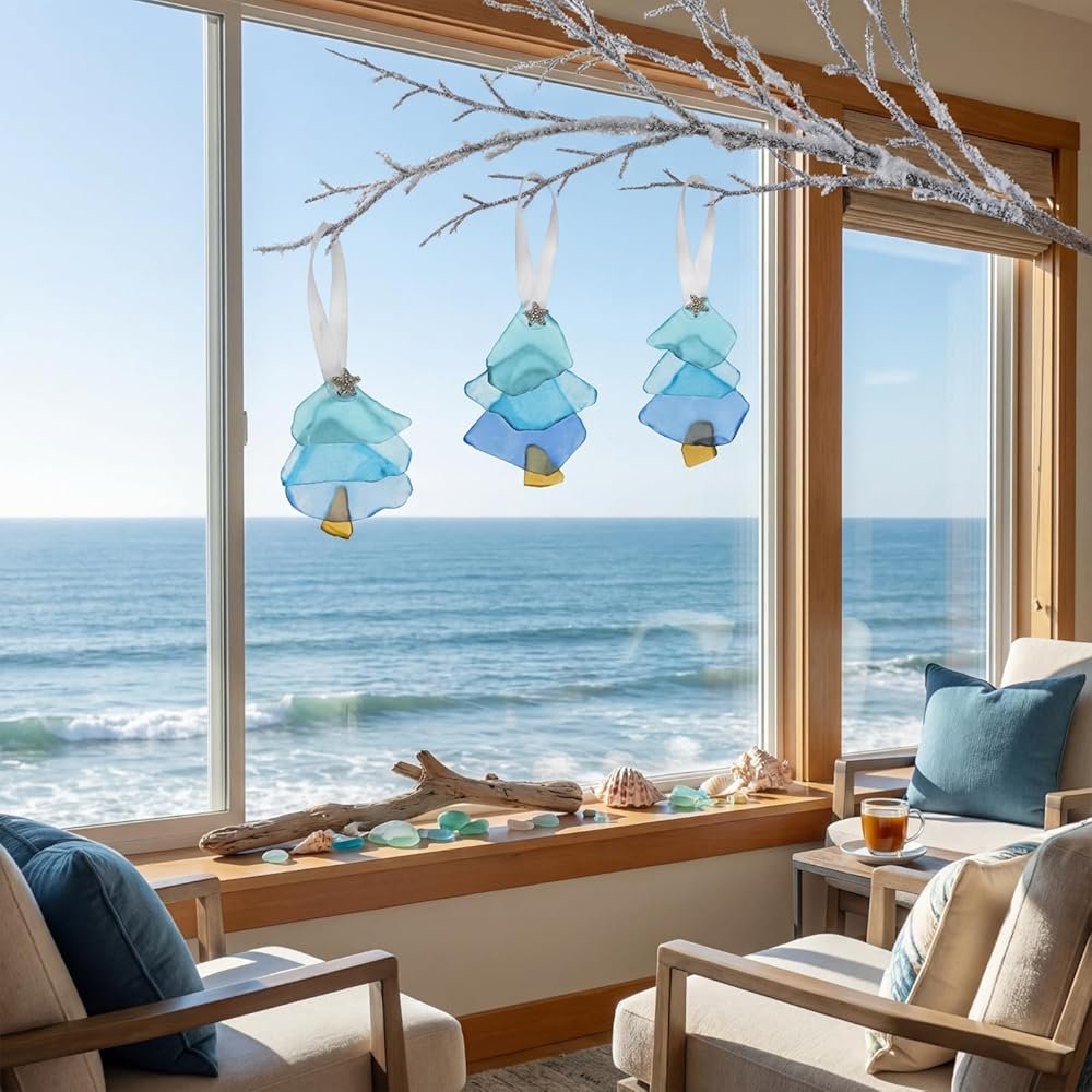 Bucherry 3 Pcs Sea Glass Ornaments Sea Crystal Glass Decor Crafts Tree Hanging Ornament Tree Ornaments for Beach Ocean Room Wedding Lover Gift Party Table Decor (Blue - Product Image