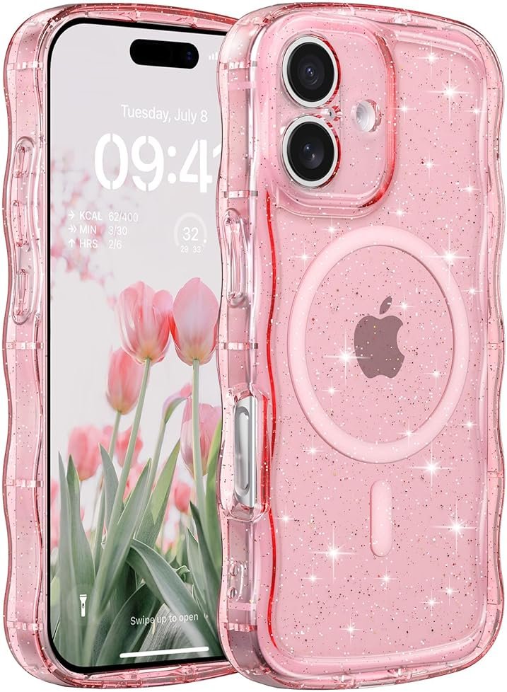 FABSPARK Case for iPhone 16e/17e,Compatible with MagSafe,Magnetic Clear Curly Wavy Frame Wave Case with Sparkly Bling Glitter,Transparent Acrylic Hard PC for iPhone 17e/16e,Glitter Clear Pink - Product Image