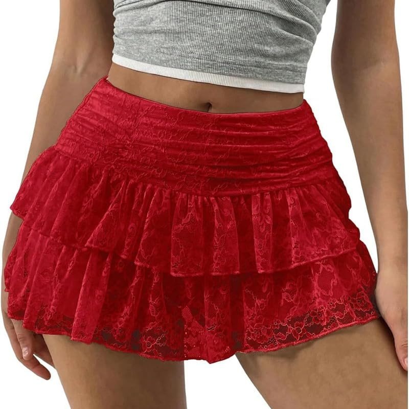 Women Y2K Lace Ruffle Mini Skirts Layered Elastic Waist A Line Short Skirts Tiered Lace Mesh Skirt Skorts - Product Image