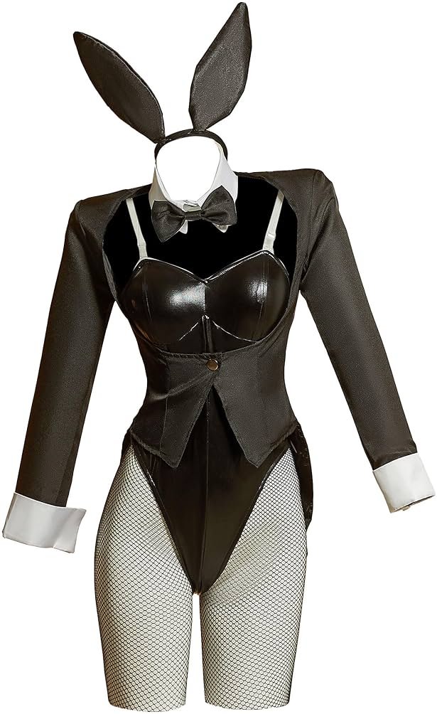 Cosplay.fm Women Dress Up Cosplay Costume Black Bunny Bodysuit and Coat with Stockings and Bunny Ear Headband - Product Image