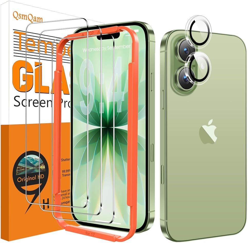 QsmQam 3 Pack Screen Protector for iPhone 17 6.3 Inch + 1 Pack Individual Camera Lens Protector, Ultra HD Tempered Glass, Military Grade Shatterproof, Case Friendly [with Installation Frame] - Product Image