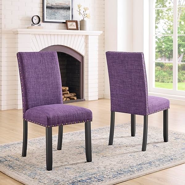 Roundhill Furniture Biony Fabric Dining Chairs with Nailhead Trim, Set of 2, Purple - Product Image