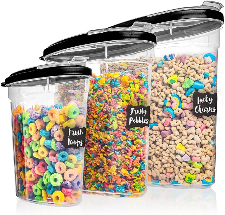 Shazo 3 PC Cereal Container Storage Set (5.2L, 2.8L, 1.2L) - Large Airtight Food Storage Containers with Flip-Top Lids, BPA-Free Plastic Cereal Dispenser for Pantry, Rice, Flour, Sugar & Pasta - Product Image