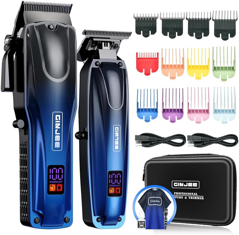 GinJee Professional Hair Clippers for Men Cordless & Corded - Rechargeable Barber Clipper & Trimmer Set with Fade Lever for Home Haircuts, Grooming Kit with Guide Combs, with Travel Case - Product Image