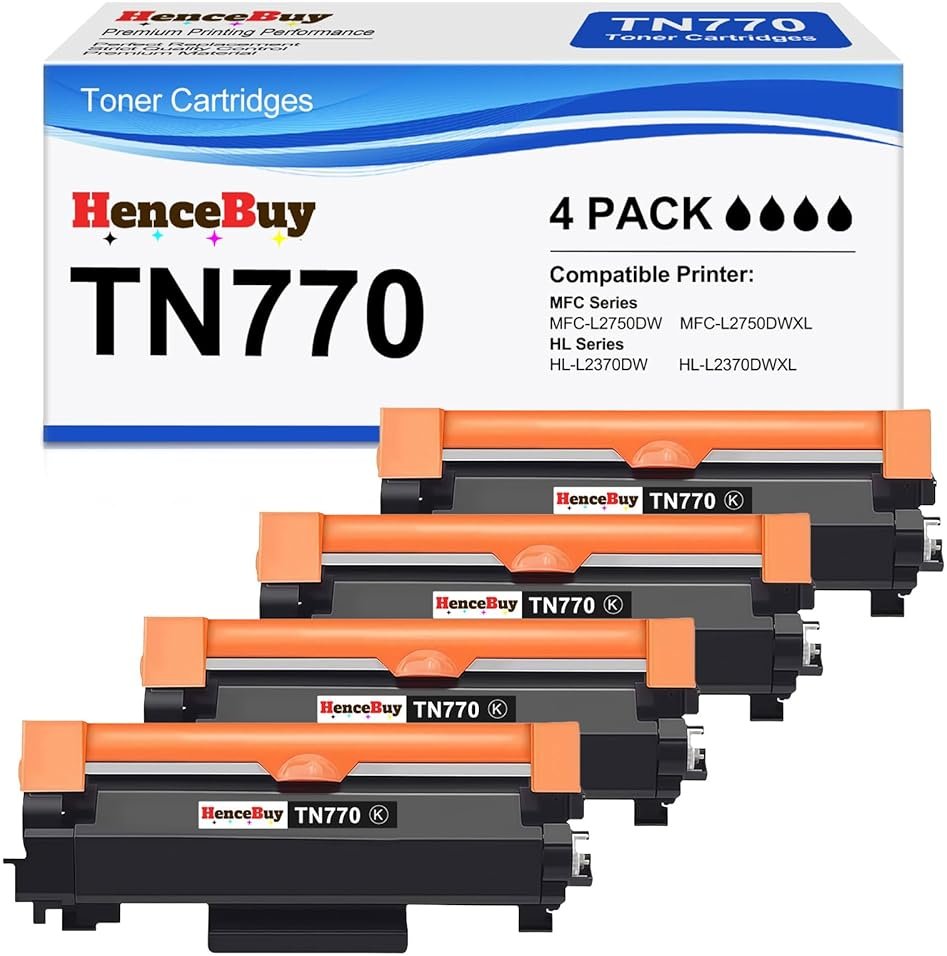 HenceBuy 4 Pack - TN770 TN-770 Toner Cartridges Replacement for Brother TN 770 TN-770 Super High Yield Black Toner Cartridge Work with HL-L2370DW L2370DWXL MFC-L2750DW L2750DWXL Printer,4,500 Pages - Product Image