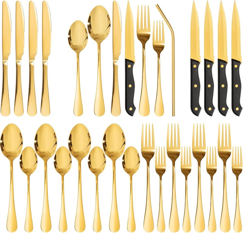 Astercook 24-Piece Silverware Set with Steak Knives Gold Flatware Set for 4 Food-Grade Stainless Steel Cutlery Set Mirror Polished Utensils Set Include Spoons and Forks for Home Kitchen Restaurant - Product Image