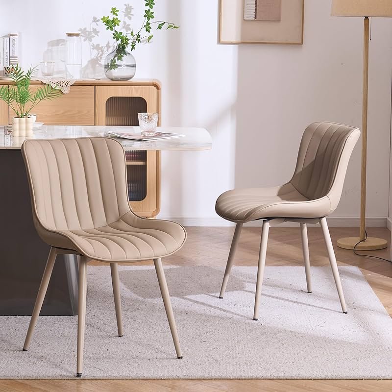 YOUNUOKE Mid-Century Modern Dining Chairs Set of 2, Khaki PU Leather Upholstered Kitchen Chairs with Khaki Metal Legs, Armless Accent Chair for Dining Room, Guest Reception Room - Product Image