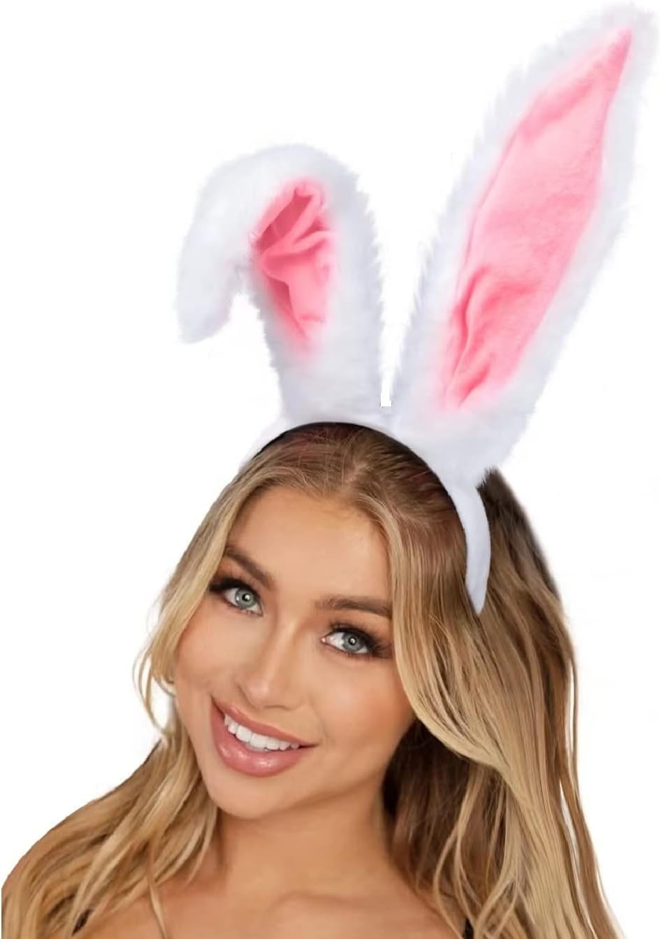 Huachi White Bunny Ears Headband Halloween Bunny Costume Adult: Long Furry Rabbit Ears Party Favors, White Rabbit Costume Accessoriy - Product Image
