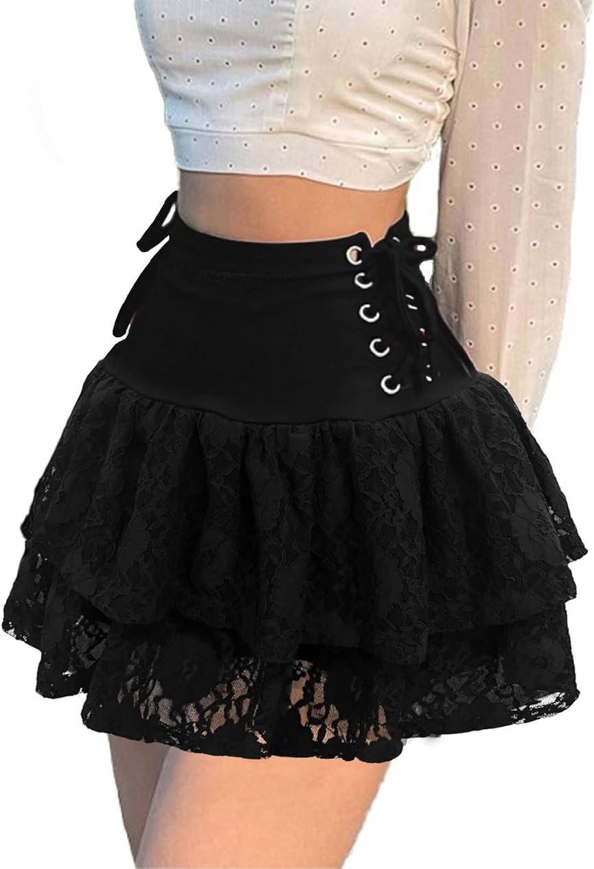 Sunidol Womens Gothic Skirt Y2k 2000s Girl Mall Goth Punk Skirts High Waist Lace-Up Ruffle Fairy Grunge Mini Skirts - Product Image