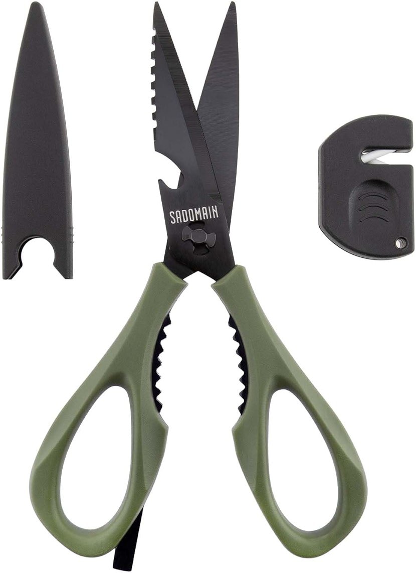 SADOMAIN Kitchen Scissors All Purpose, Extra Sharp Kitchen Shears with Knife Sharpener & Sheath, Solid & Durable Stainless Steel Scissors with ANTI-RUST Black Titanium Plated, Dishwasher Safe - Green - Product Image