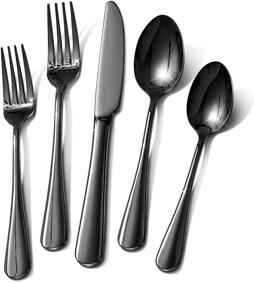 Black Silverware Set, 40 Piece Food-Grade Stainless Steel Flatware Set for 8 Include Spoons Knives and Forks Mirror Polished Rust-proof Modern Design Dishwasher Safe - Product Image