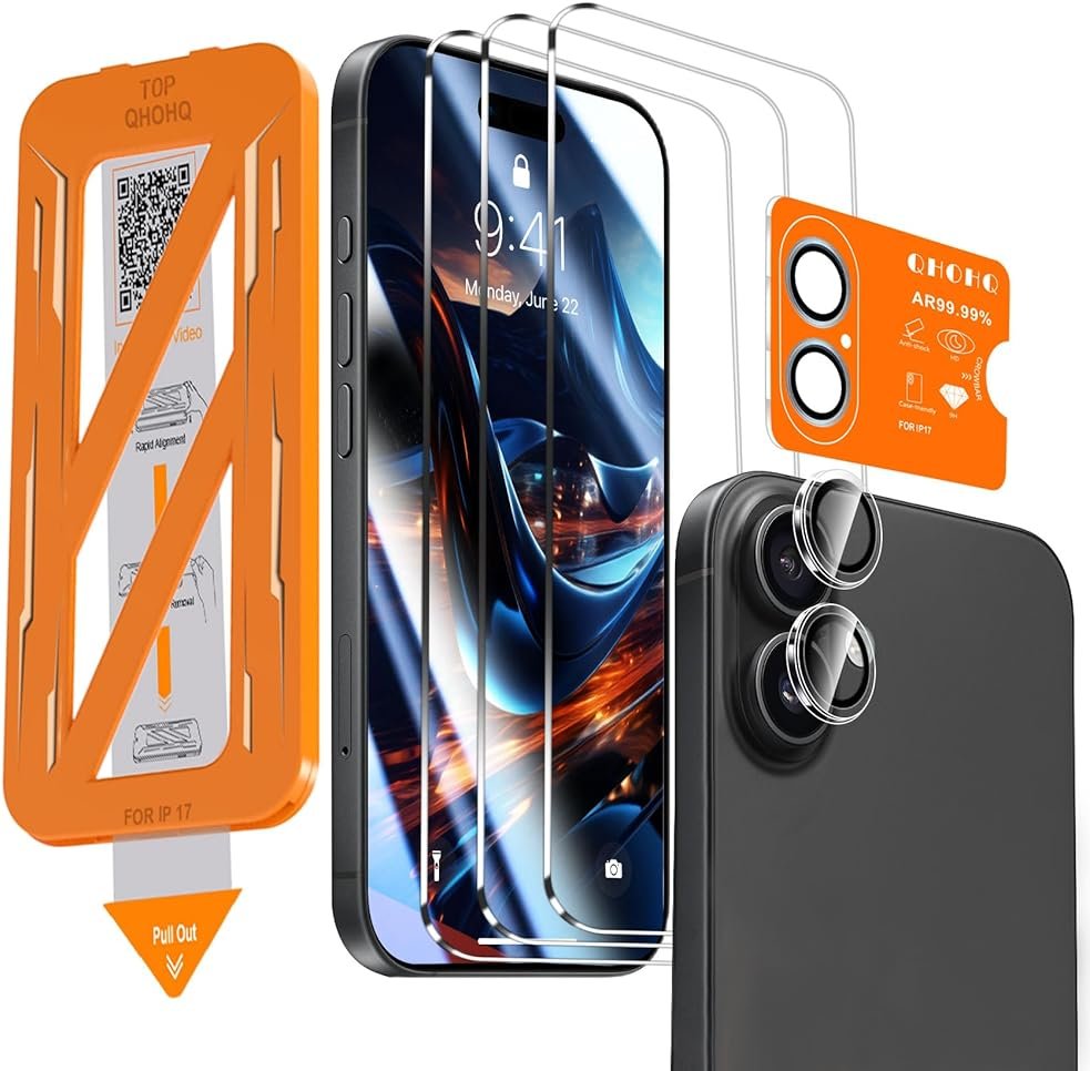QHOHQ [1-Second Auto-Install] 3 Pack Screen Protector for iPhone 17 + 1 Set Camera Lens Protector, 9H+ Shatterproof Tempered Glass, [12FT Military Grade Protection], Anti-Fingerprint, Case Friendly - Product Image