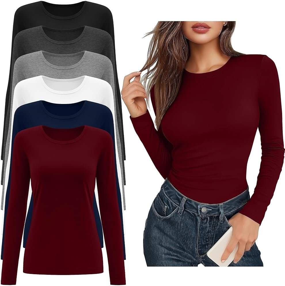 Riyiper 6 Pack Women's Long Sleeve Shirts Basic Slim Fitted Tops Casual Crew Neck Tight Tee Tops 2026 Layering T-Shirt - Product Image