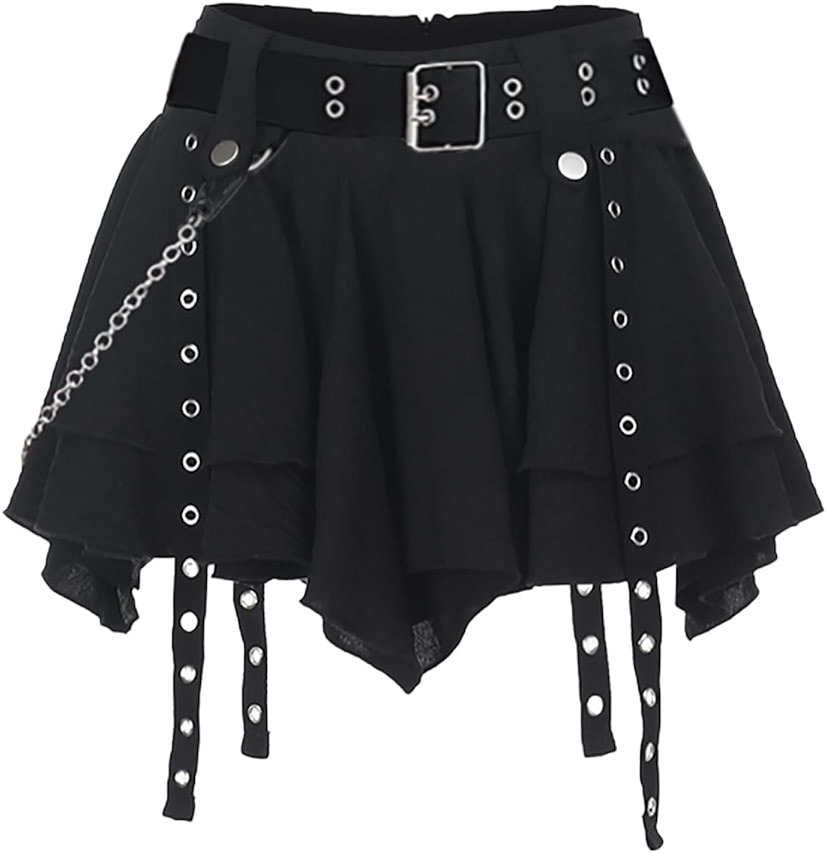Sunidol Women's Y2K Gothic Punk Skirt High Waist Plaid Pleated Skorts Ruffles Fairy Grunge A-Line Skater Skirts - Product Image