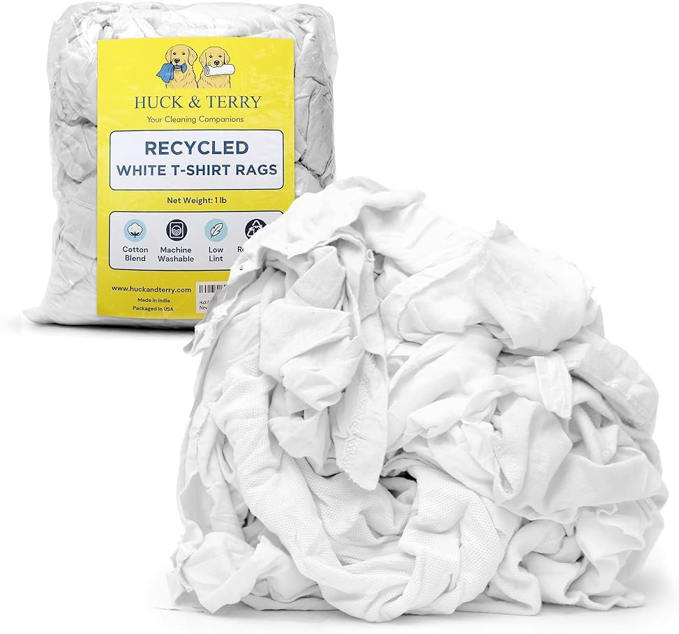Huck & Terry White T-Shirt Bag of Rags, 100% Recycled Material, Cotton Blend Bar Mop, Reclaimed, Eco-Friendly Cloth, Cleaning & Painting Rags, Lint Free, Highly Absorbent (Bag, 1, Pound) - Product Image